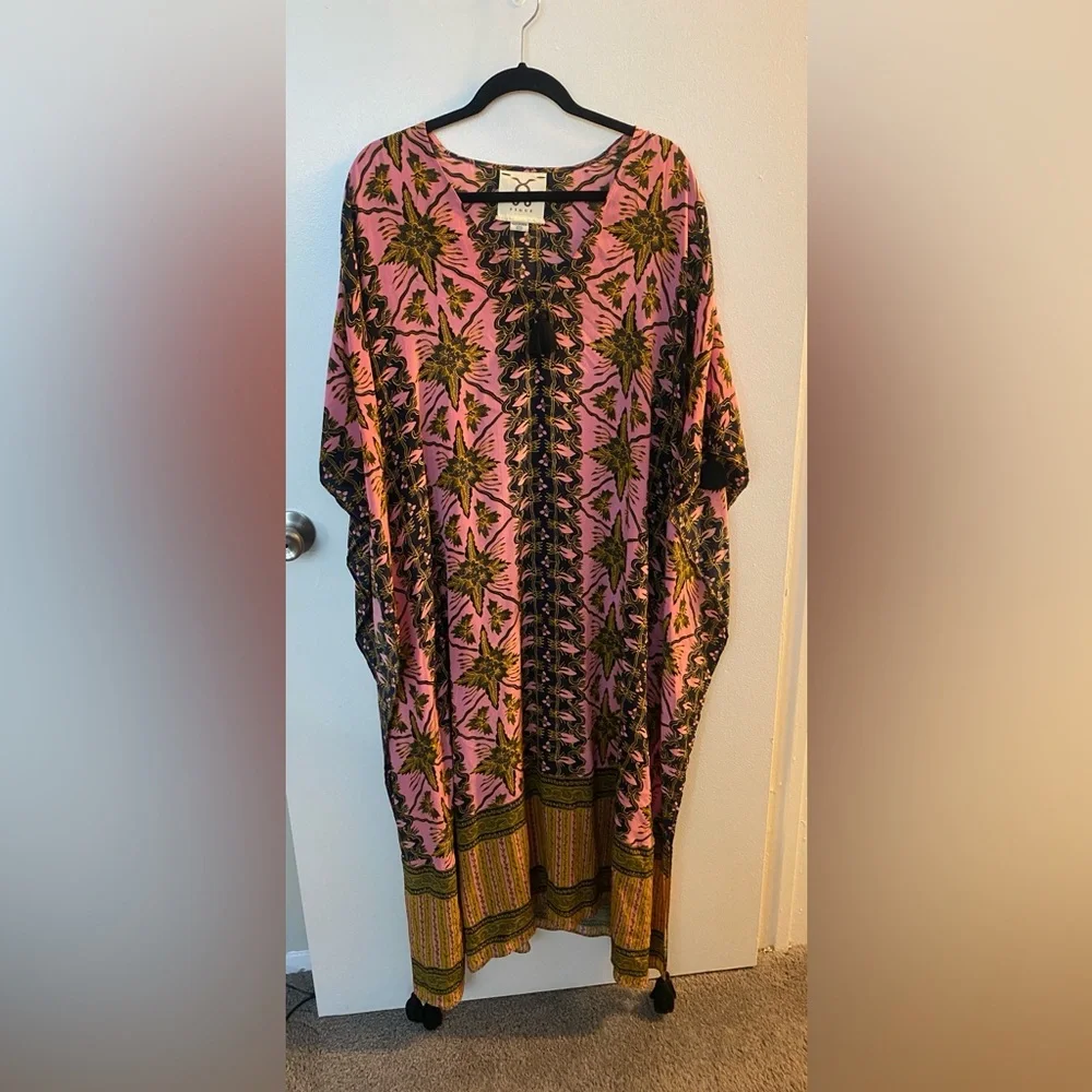 Figue Eliza V-Neck Gypsy Batik-Print Kaftan Dress Coverup Silk - Picture 3 of 6